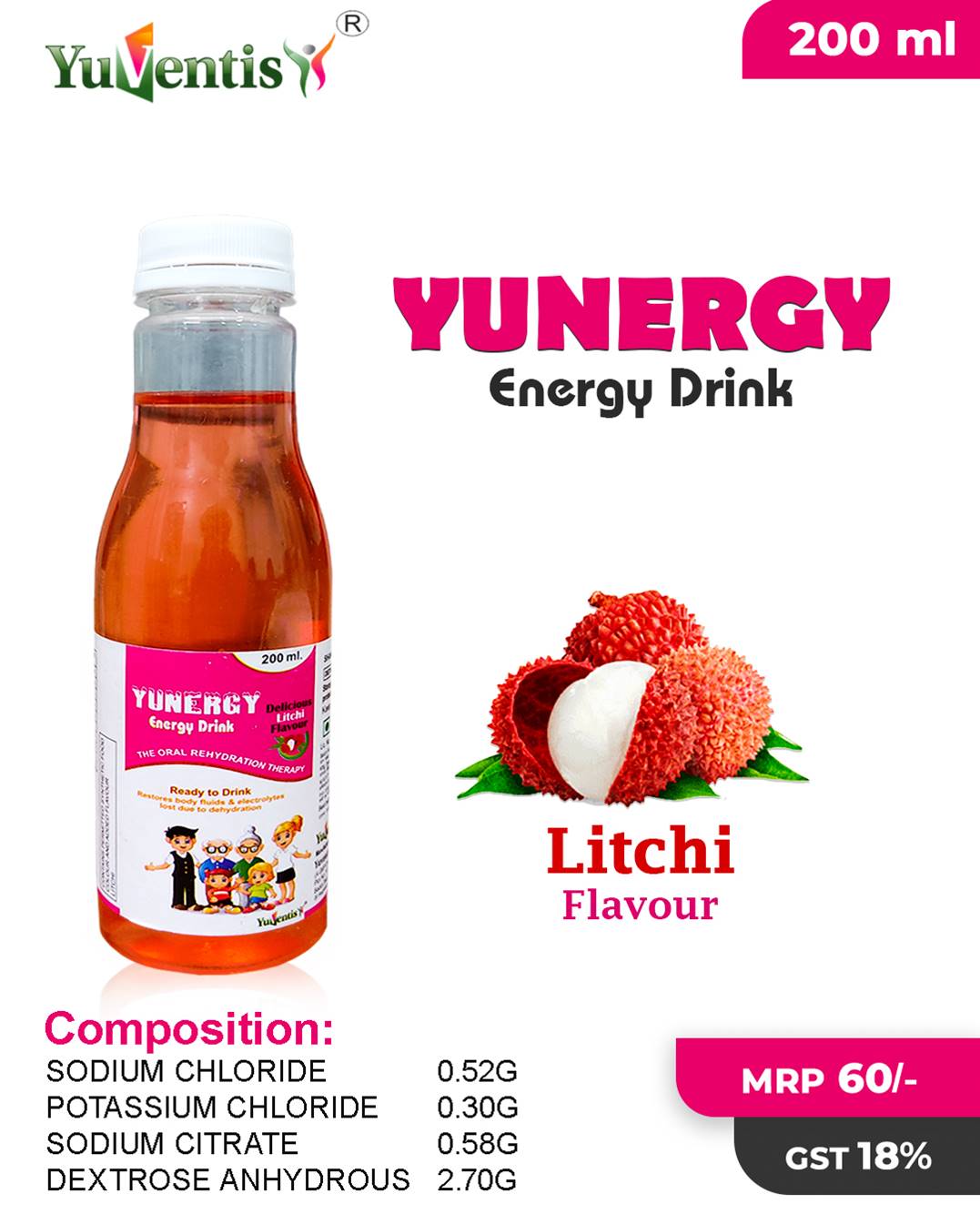 YUNERGY ENERGY DRINK IN LITCHI